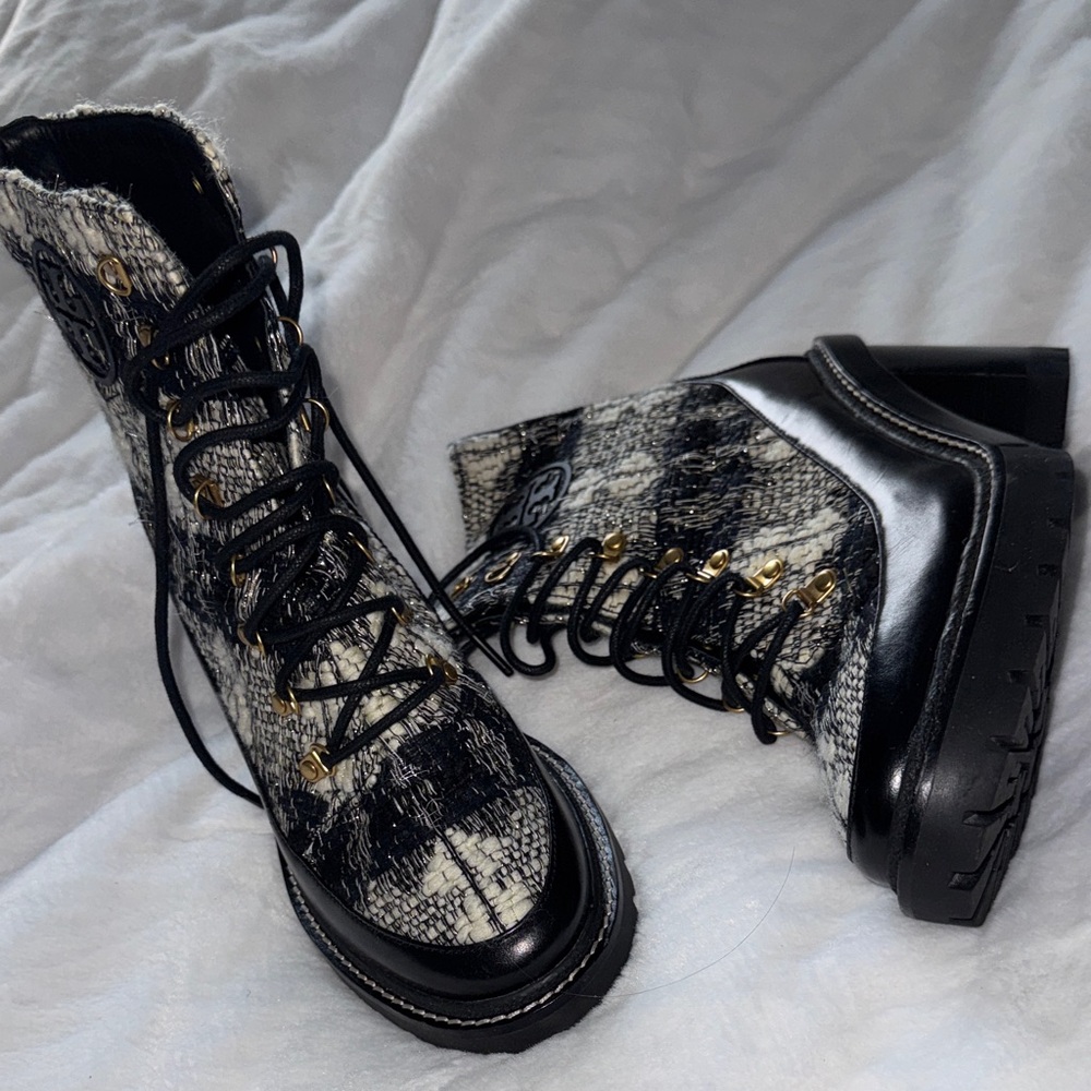 Tory Burch Miller Tweed Lug Sole Lace Up Heeled Boots Size 9.5 NWOT - Picture 6 of 11